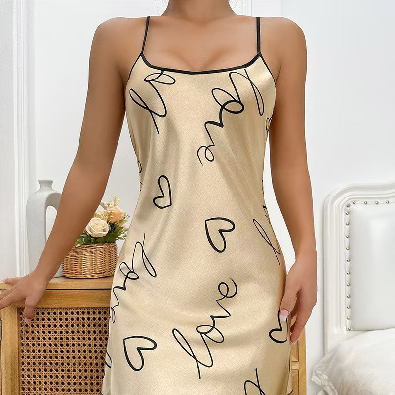 Nightgown Sexy Open back Women Slip dress Sheer Breathable Pajama Print Loungewear Set