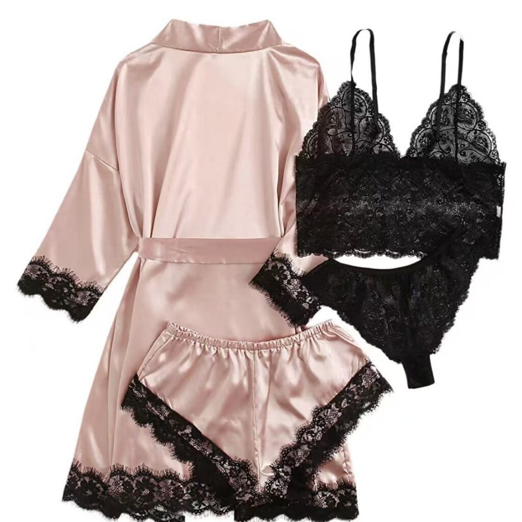 Sexy Nightgown Lace Deep V Women Lace Pajama Set Sexy Loungewear 4-piece set