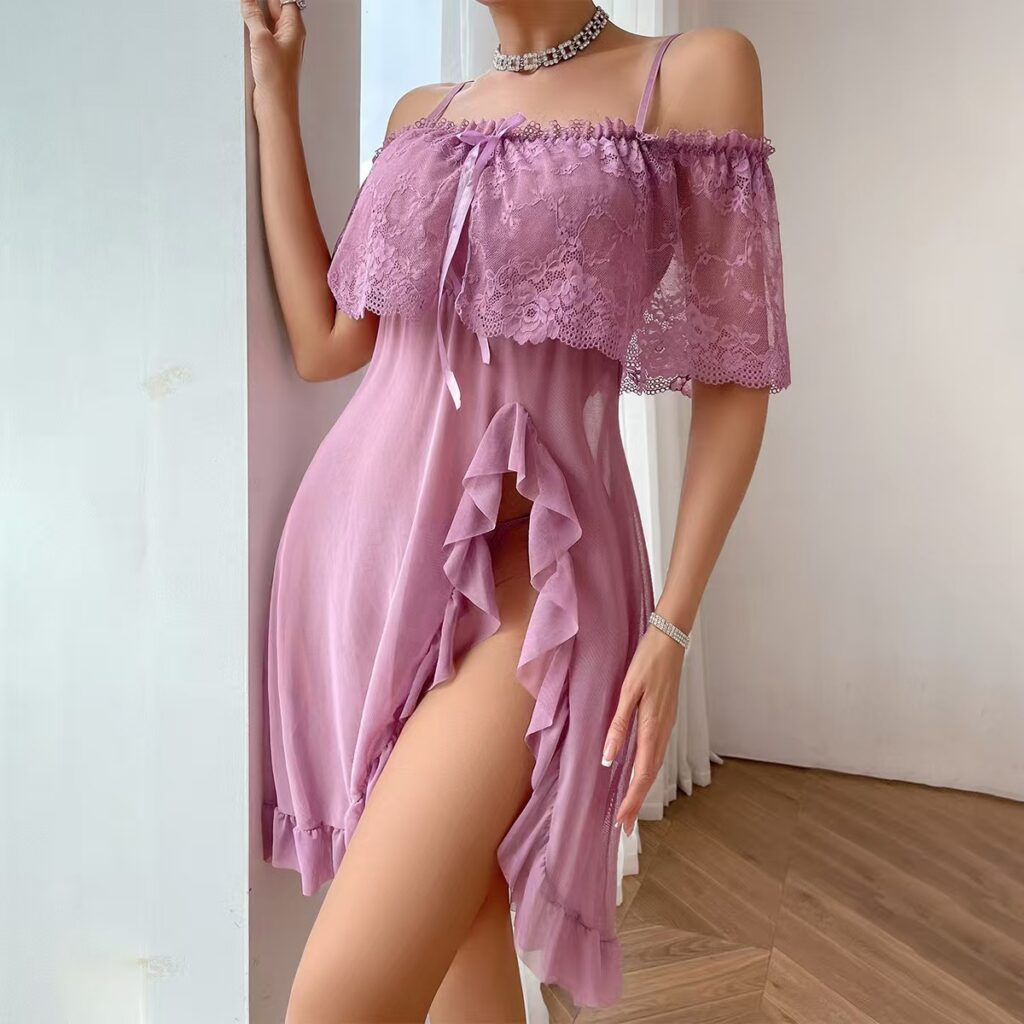 2024 Lingerie Sexy Lace Short sleeve Nightgown Women Plus size Pajama Mesh