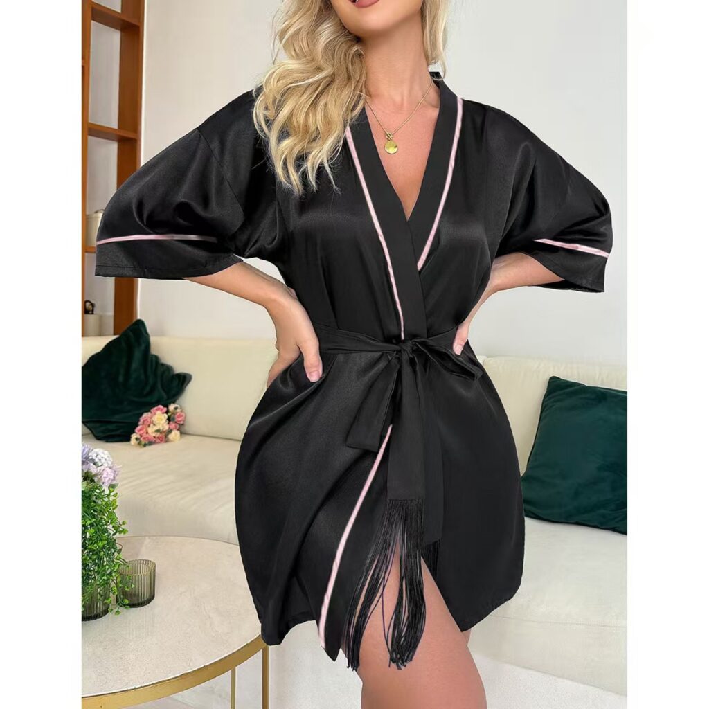 Robe Mid sleeve Women Robe Short Cardigan Tie waist Tassel Robe Sheer Sexy Pajama