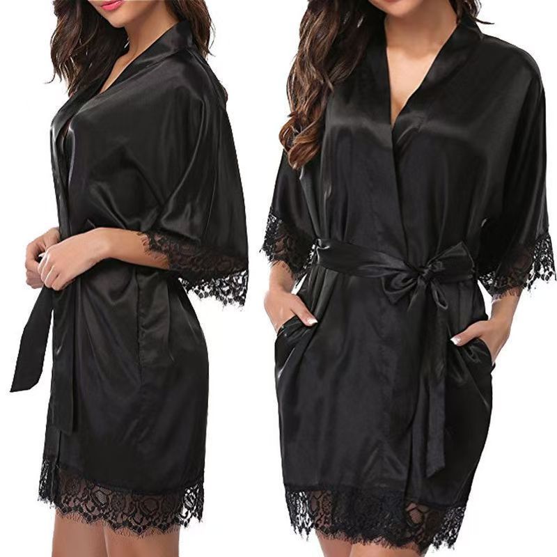 Robe Mid sleeve Women Robe Short Cardigan Tie waist Tassel Robe Sheer Sexy Pajama