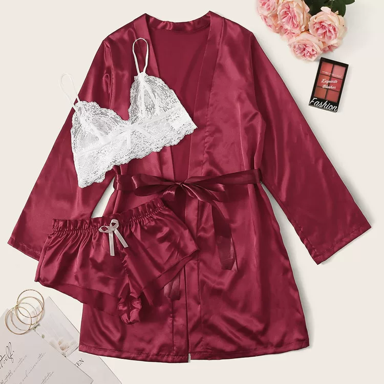 Plus size Pajama Cardigan Strap Multicolor Robe Set