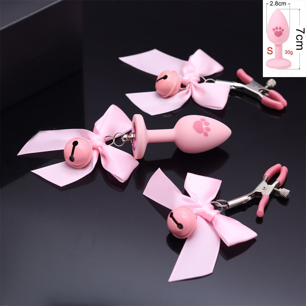 Adult Couples toy Tease Wearable Couples Bow Nipple clamps Butt plug Set