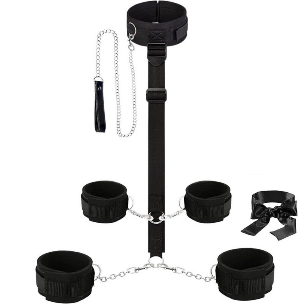 Toy Handcuffs Ankle cuffs Restraint Bondage strap Blindfold Chain Leash SM Set