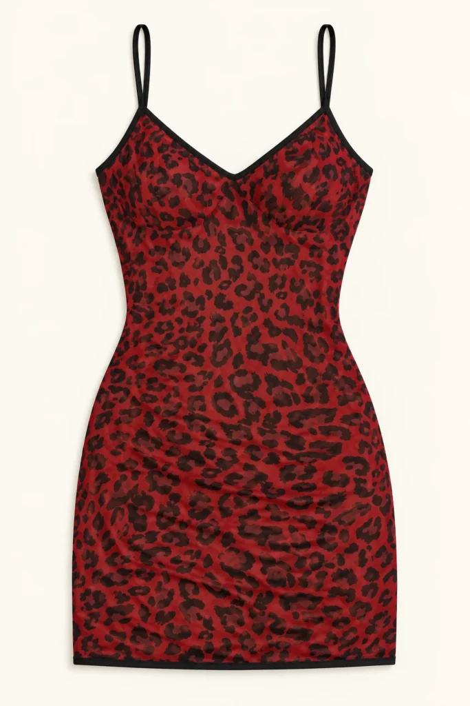 Red and black leopard slip dress — AI-assisted front reconstruction