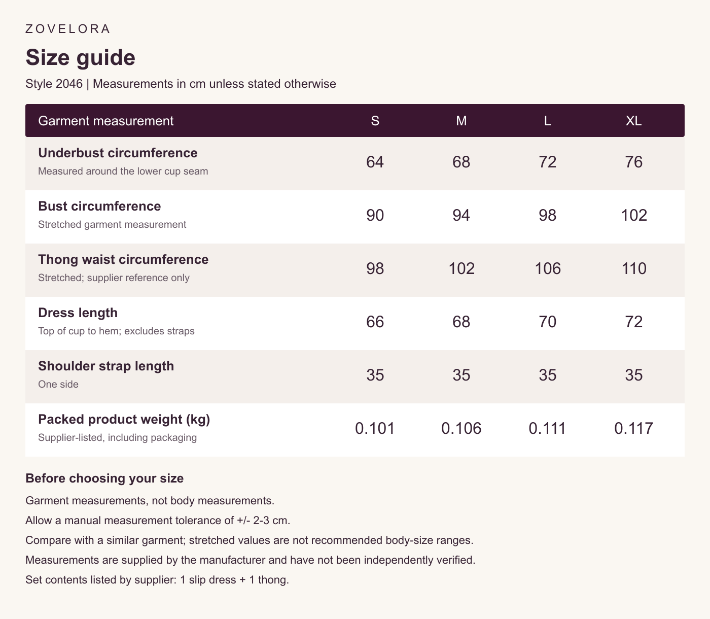 English size guide for style 2046: S, M, L and XL