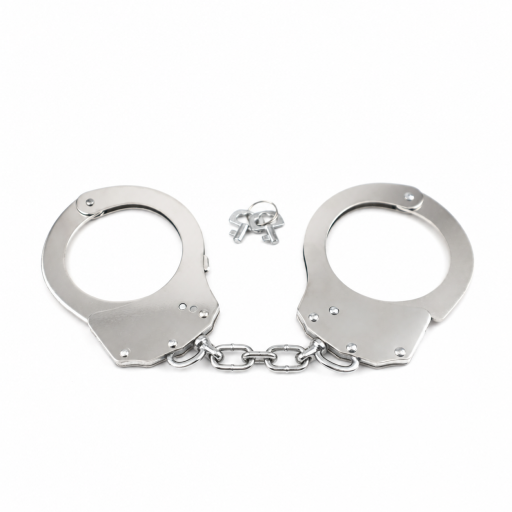 Silver-tone metal handcuffs with a connecting chain and two keys
