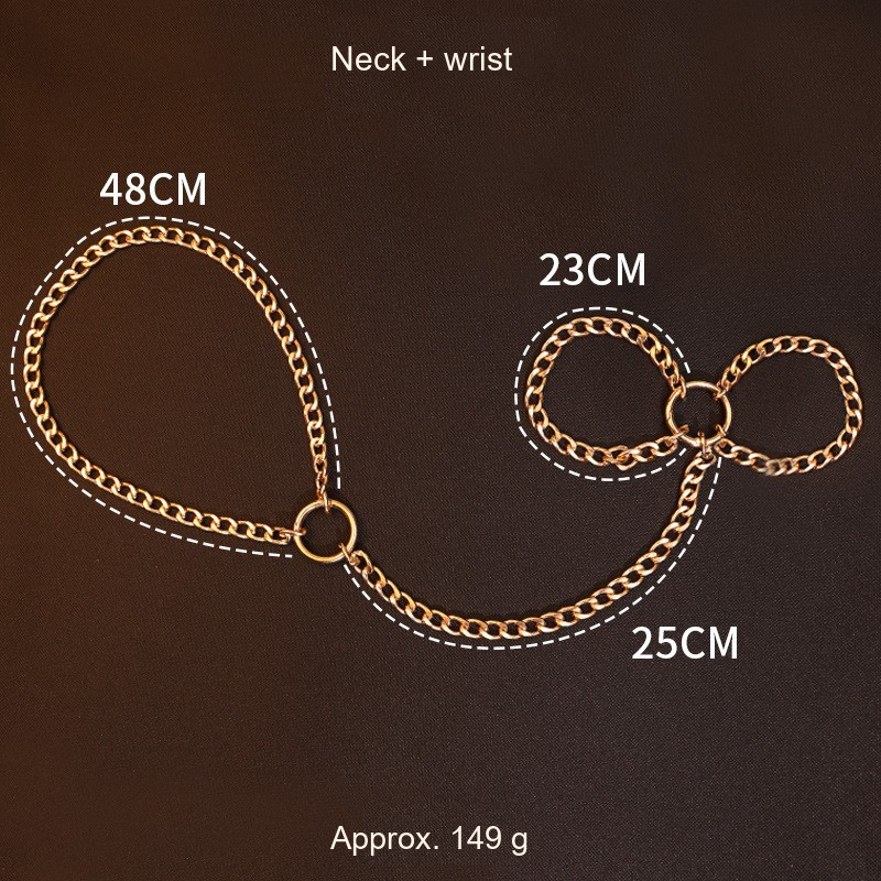 Gold-tone chain detail and English supplier reference