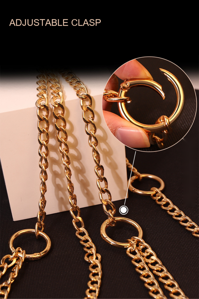 Gold-tone chain detail and English supplier reference