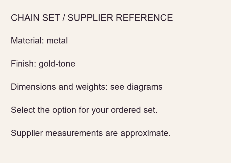 Gold-tone chain detail and English supplier reference