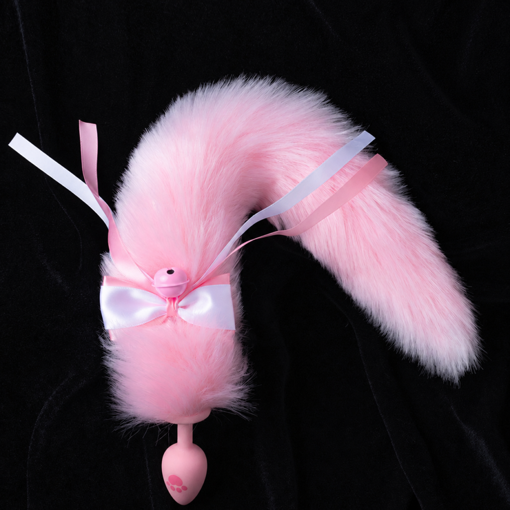Pink long faux-fur tail with a bow, bell and pink paw-print base