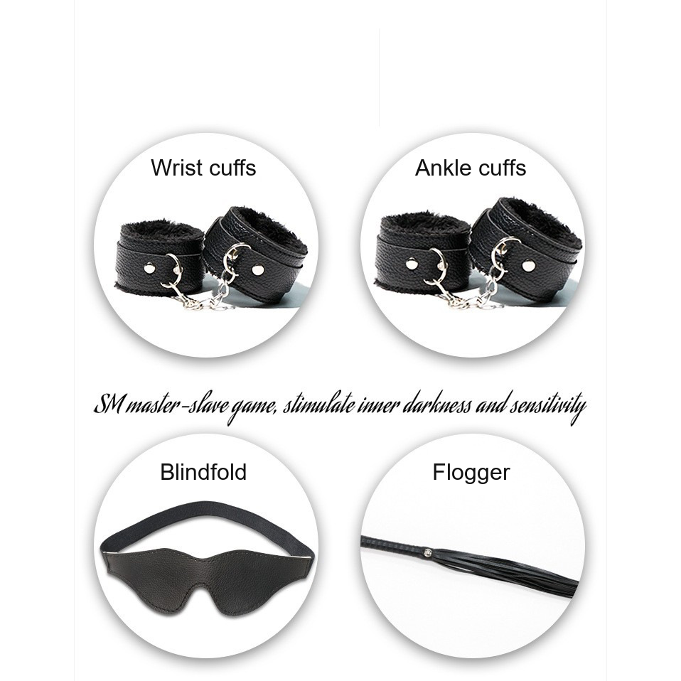 Kit details: wrist cuffs, ankle cuffs, blindfold and flogger