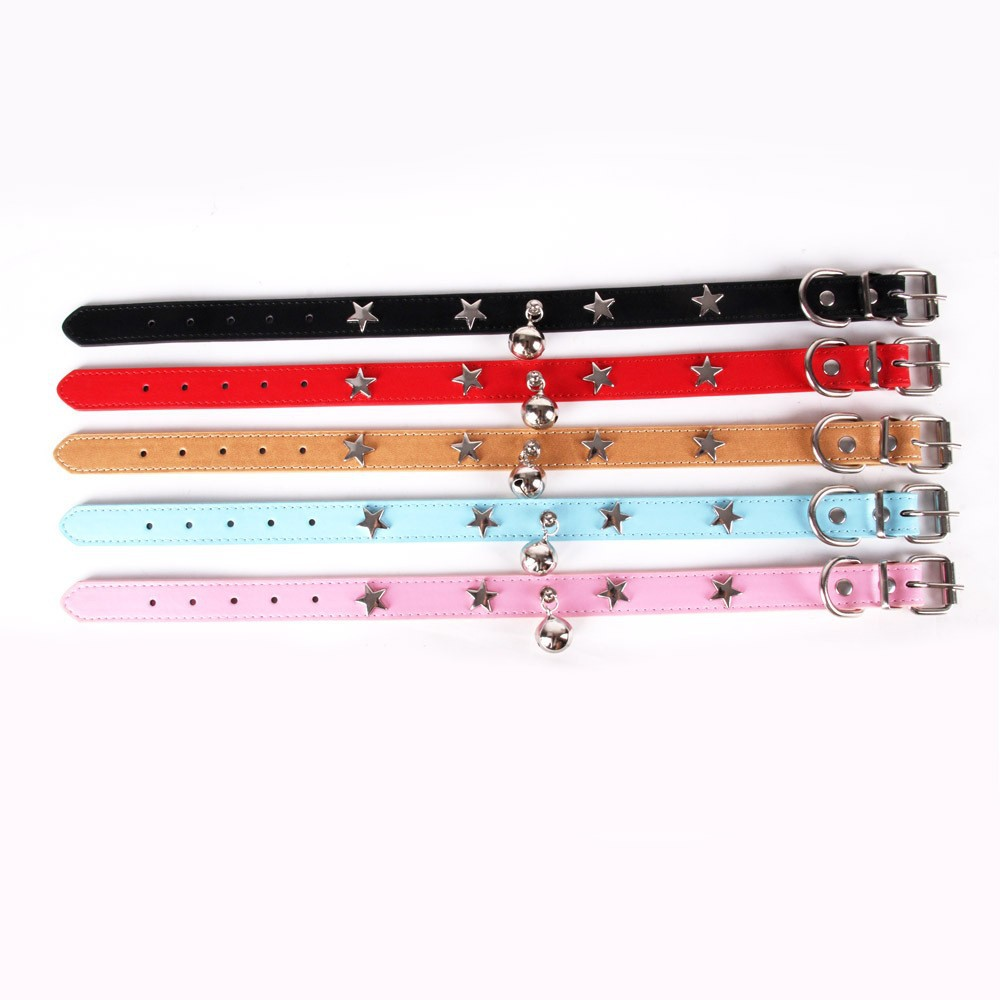 Five star-studded bell collars in black, red, tan, blue and pink
