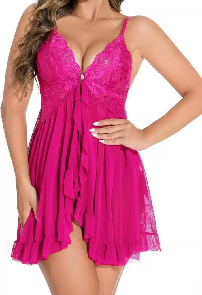 Magenta lace-trim babydoll — supplier photograph with locally repaired shop watermark