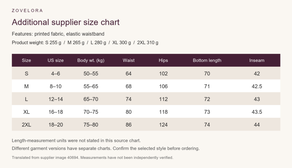 Additional supplier size chart, S to 2XL, in English