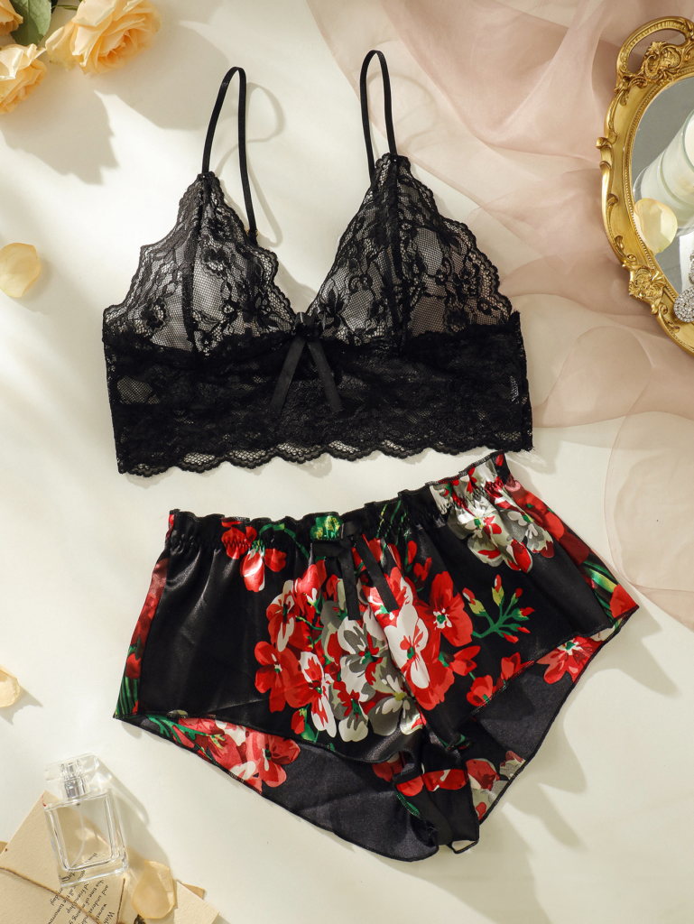 Lace camisole and printed shorts set — black supplier flatlay