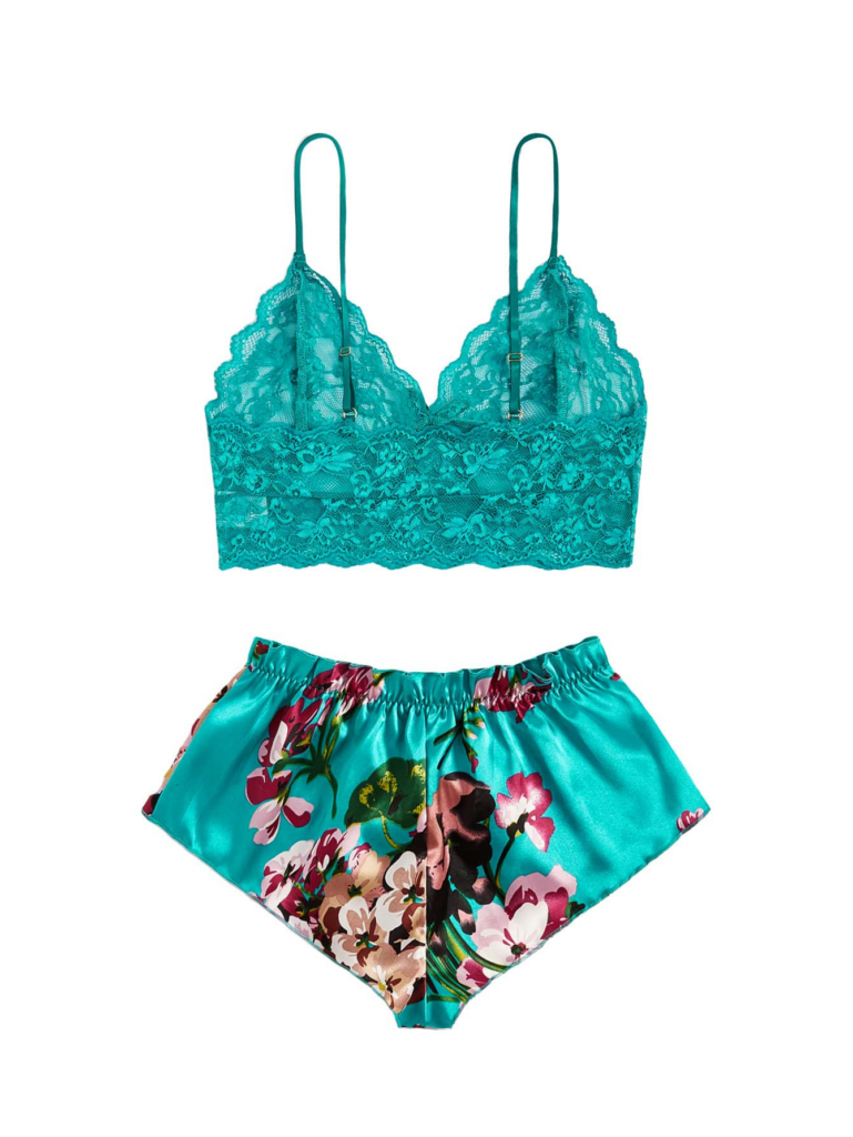 Lace camisole and printed shorts set — green supplier flatlay