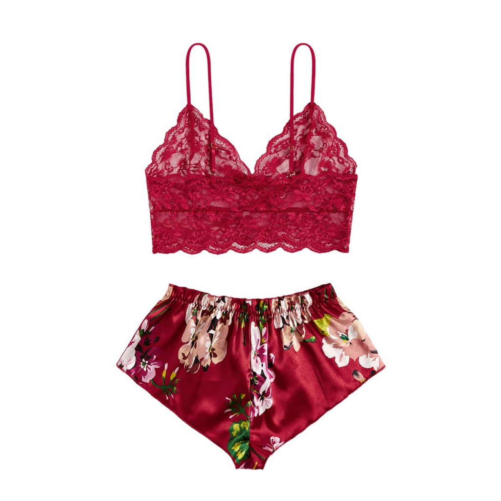 Lace camisole and printed shorts set — pink-red supplier flatlay