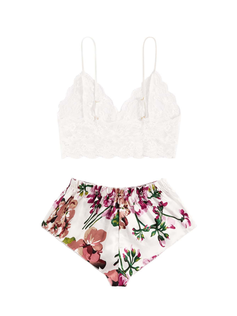 Lace camisole and printed shorts set — white supplier flatlay