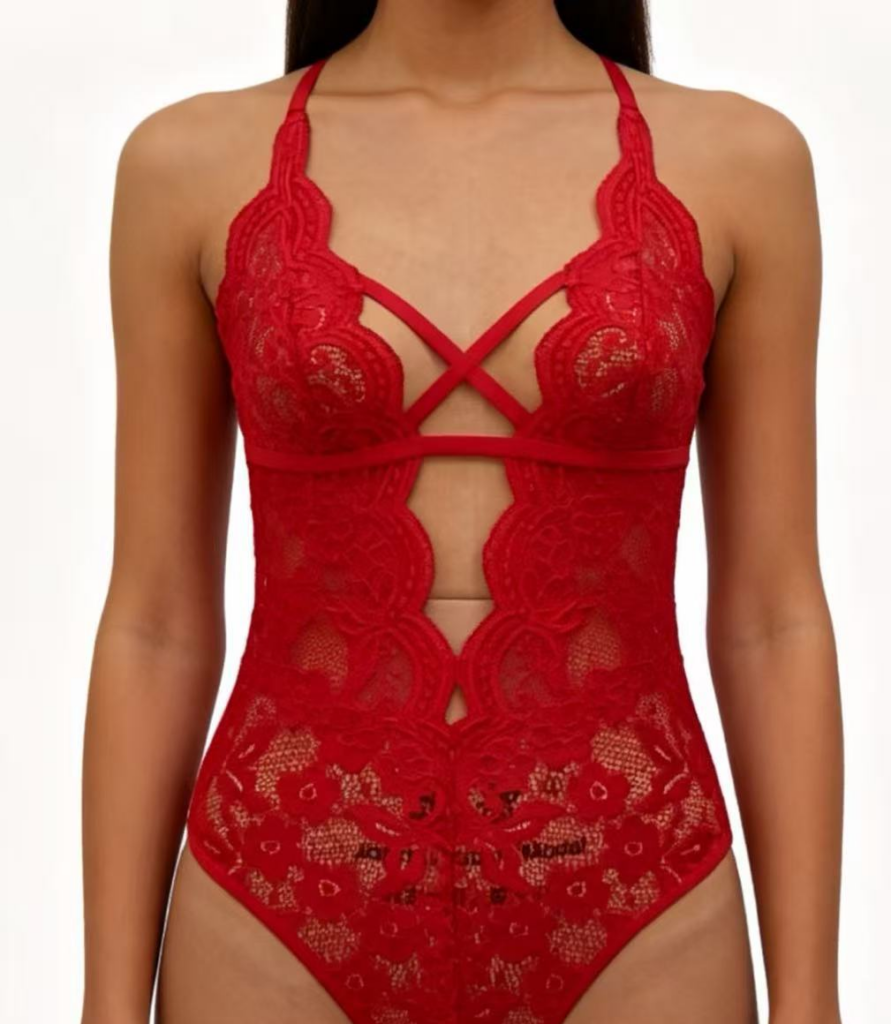 Lace cross-strap bodysuit - red lace front detail