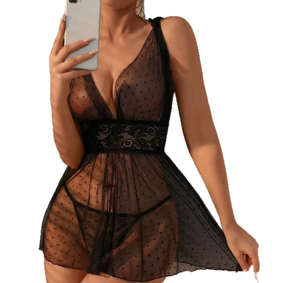 Dotted mesh nightdress - black front
