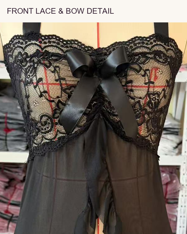 Black lace garment on supplier mannequin - front lace and bow detail