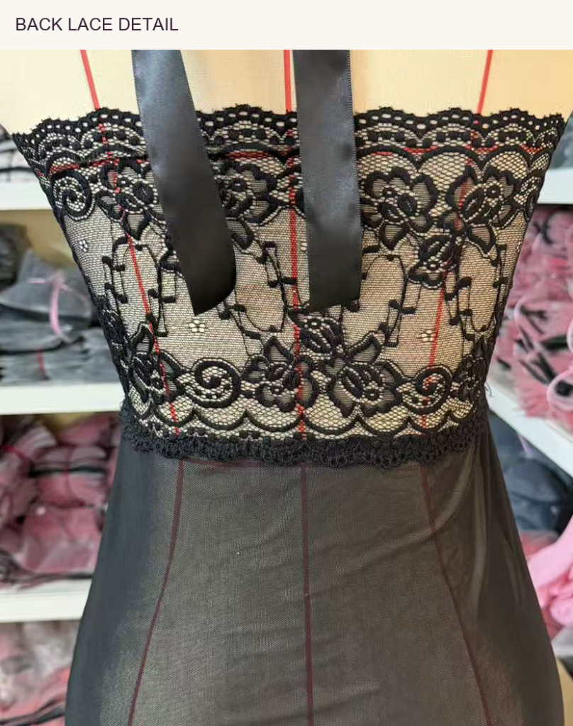 Black lace garment on supplier mannequin - back lace detail