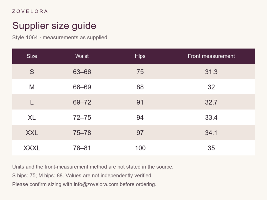 English supplier size guide for Style 1064, S to XXXL; units unconfirmed