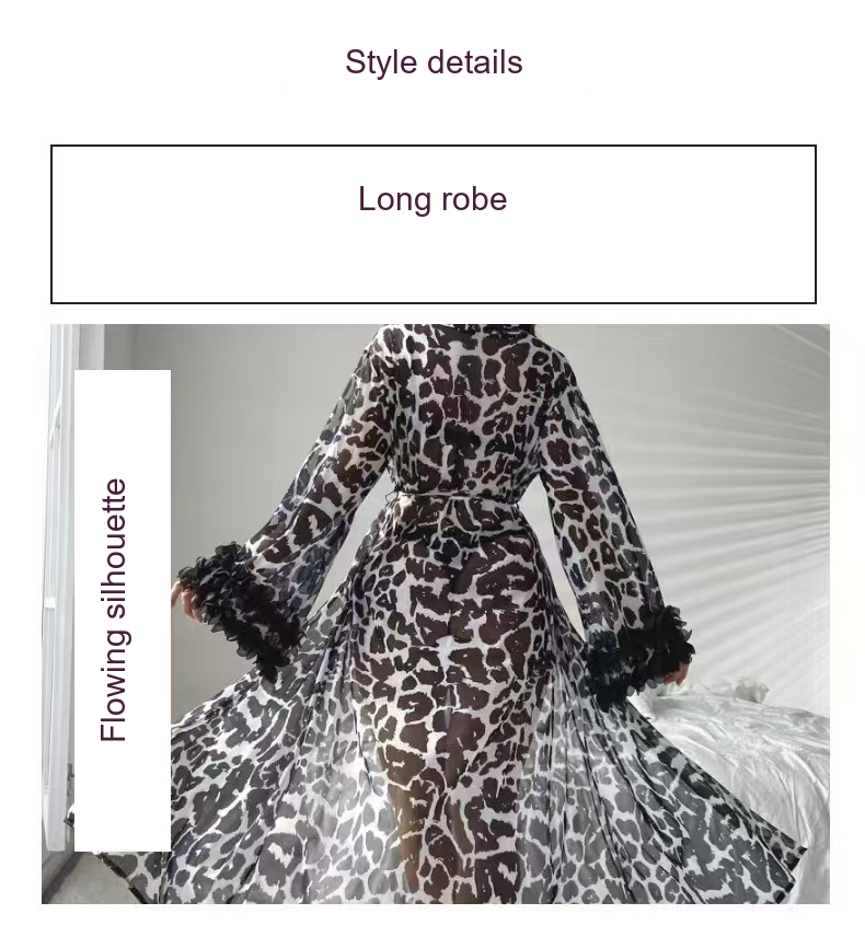 Leopard-print long-sleeve mesh robe — supplier photography and English style details