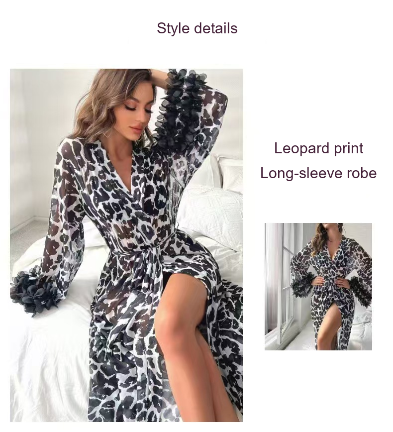 Leopard-print long-sleeve mesh robe — supplier photography and English style details