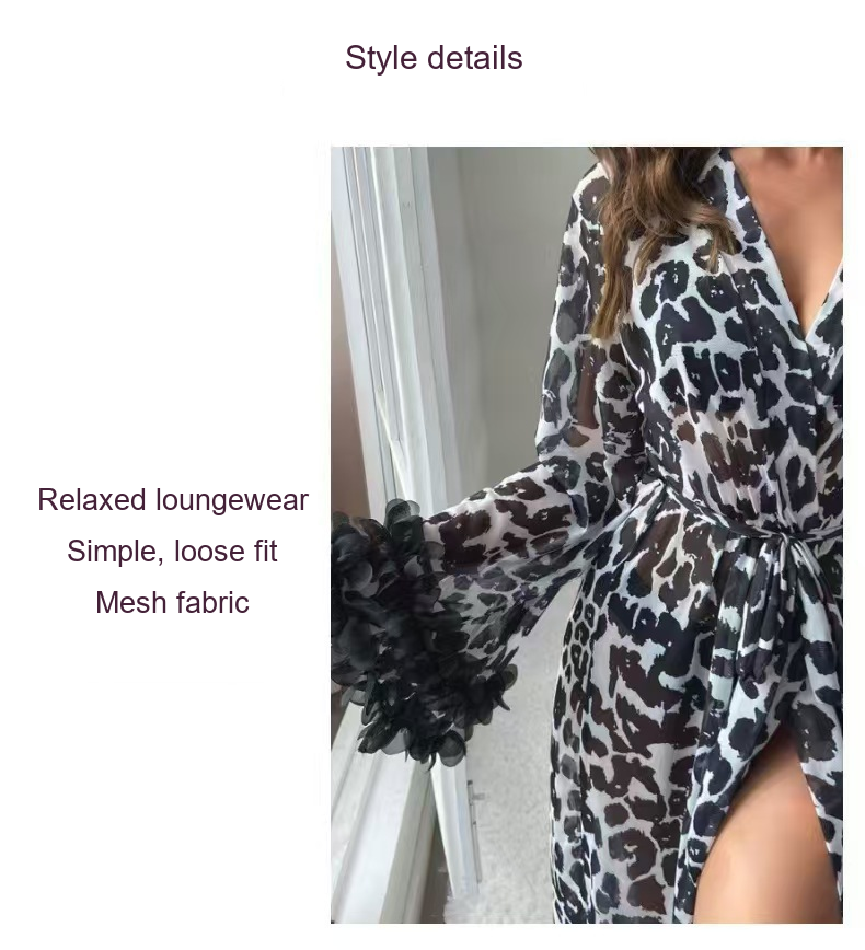 Leopard-print long-sleeve mesh robe — supplier photography and English style details