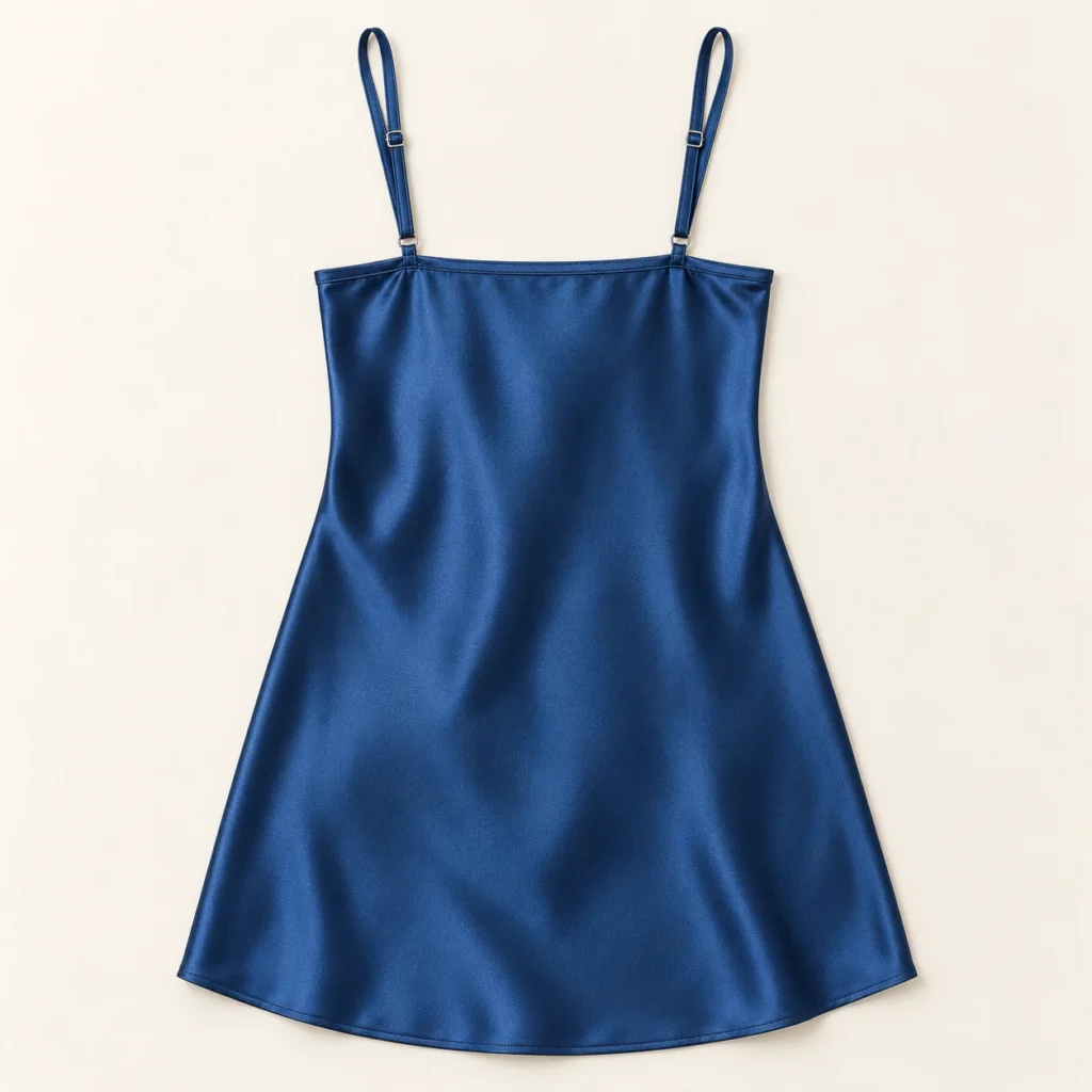Product-only studio reconstruction — satin slip, back navy