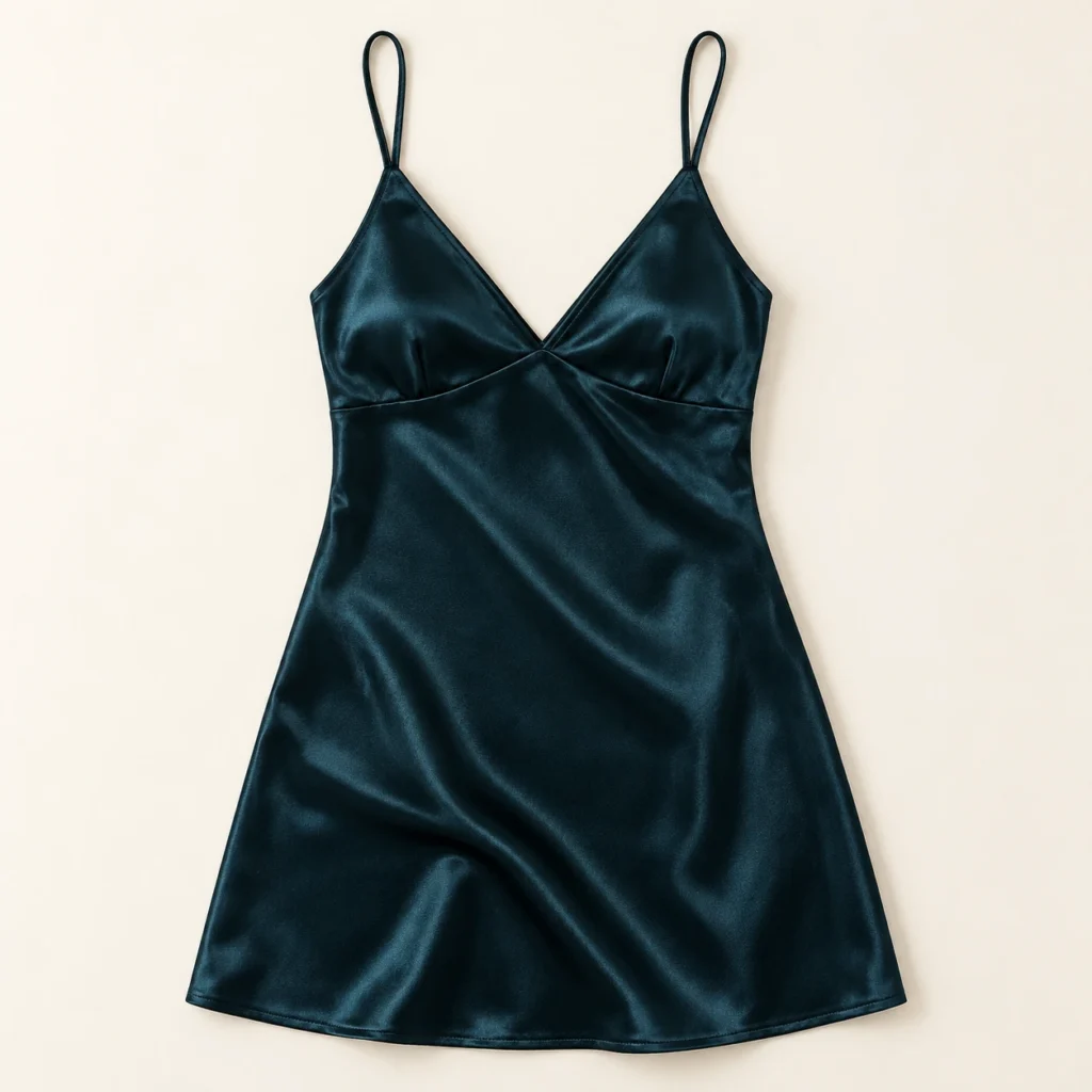 Product-only studio reconstruction — satin slip, front dark green