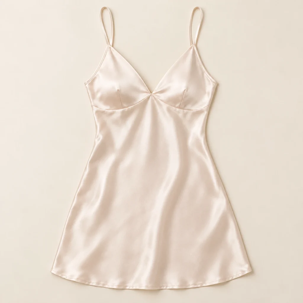 Product-only studio reconstruction — satin slip, front ivory