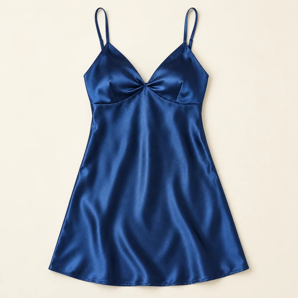 Product-only studio reconstruction — satin slip, front navy