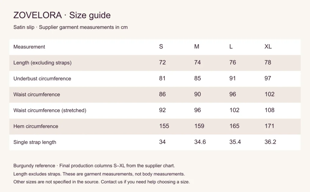 English supplier size guide for satin slip