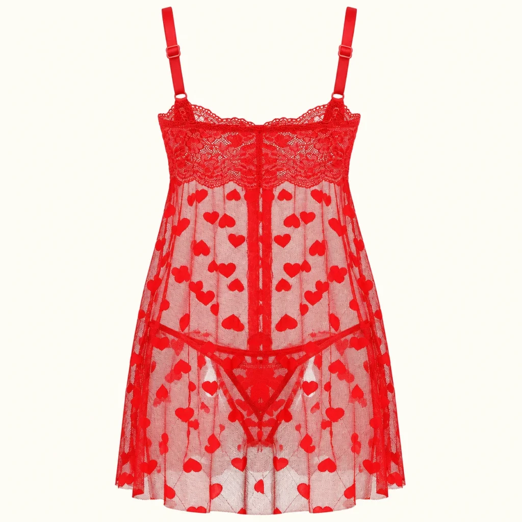 Product-only studio reconstruction — red heart-mesh nightgown, back red