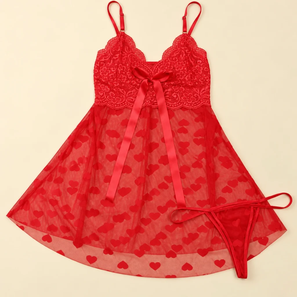 Lingerie Sexy Women Mesh Heart Nightgown Tease Pajama Loungewear Set