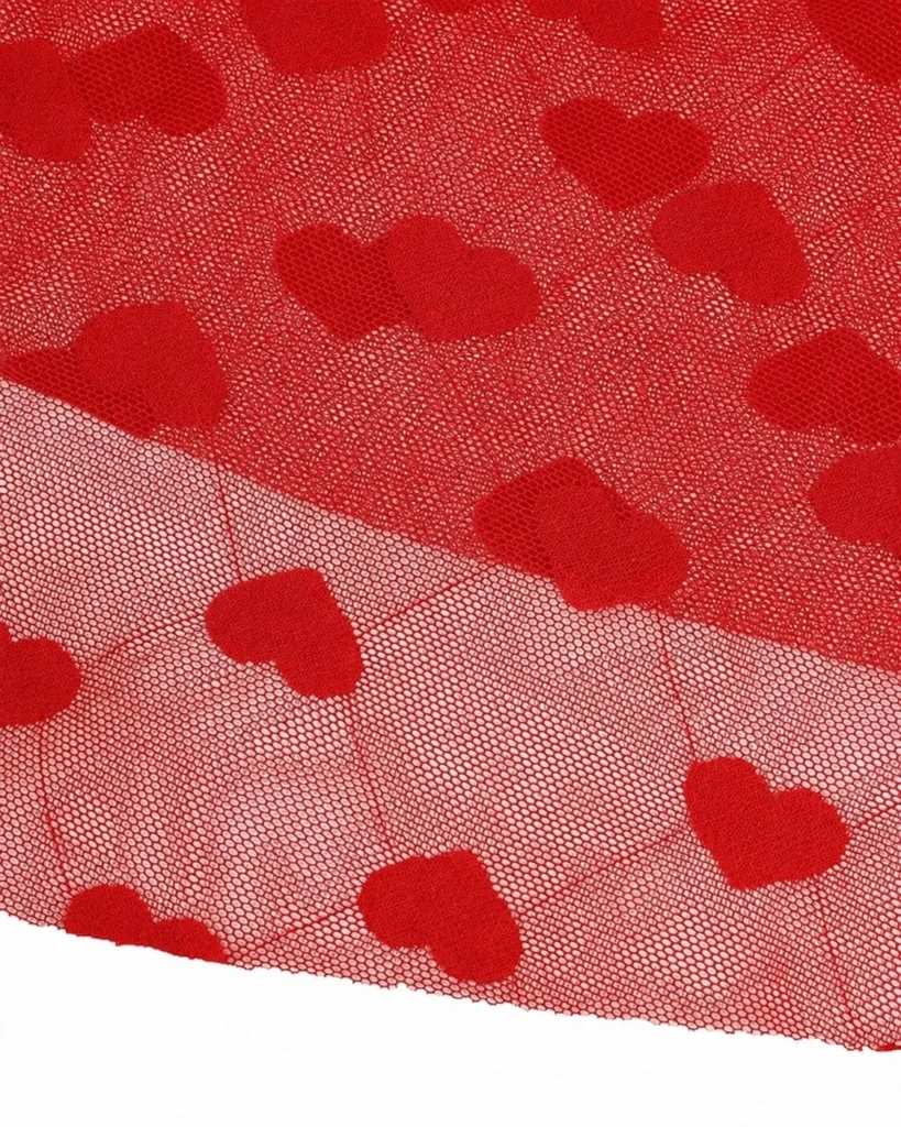 Product-only studio reconstruction — red heart-mesh nightgown, heart mesh detail