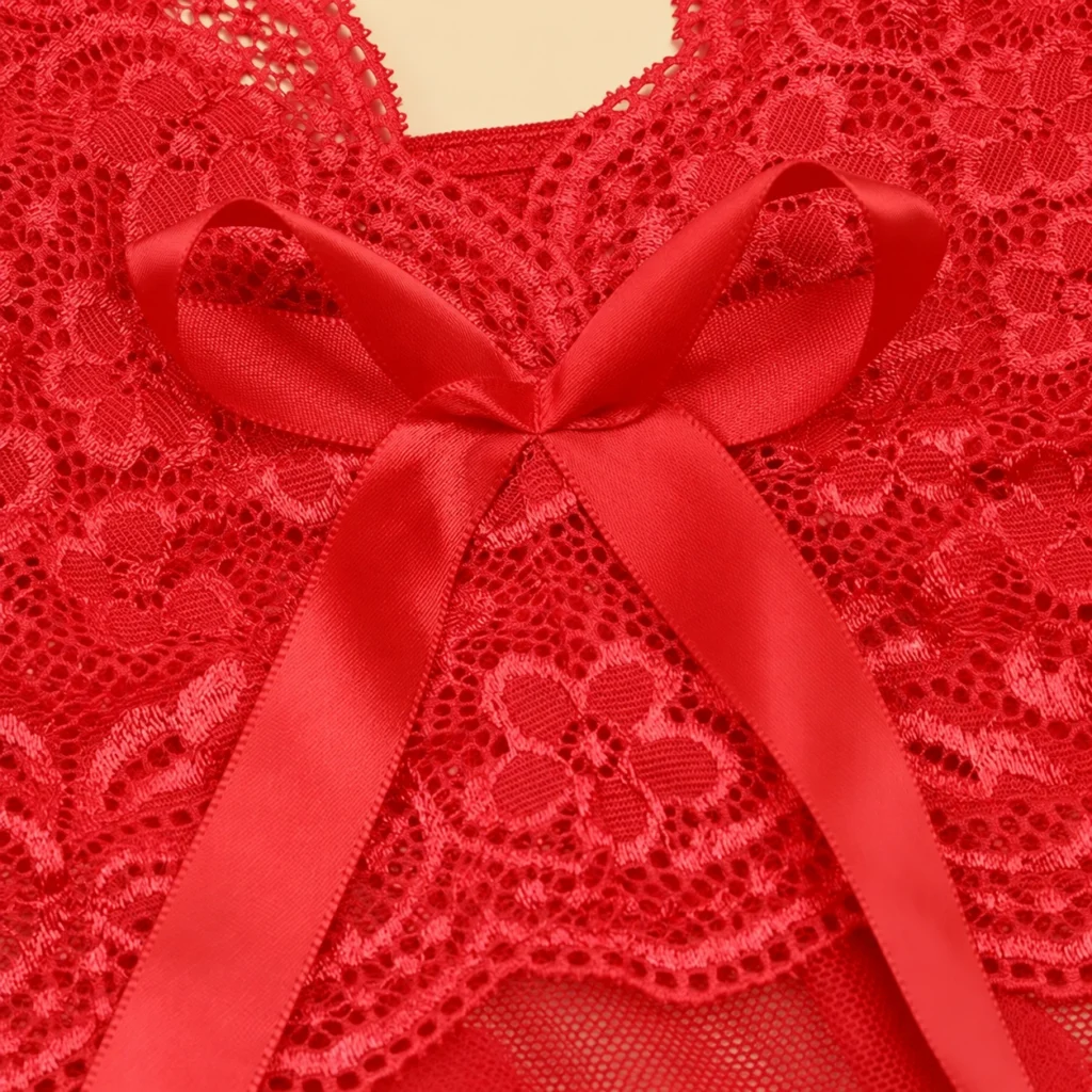Product-only studio reconstruction — red heart-mesh nightgown, lace bow detail