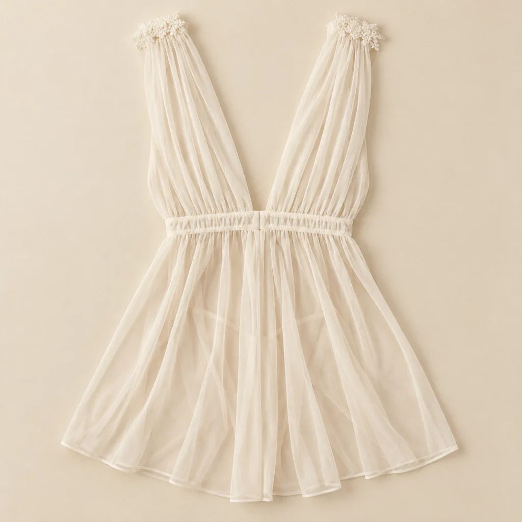 Product-only studio reconstruction — ivory floral-trim sleepwear, back